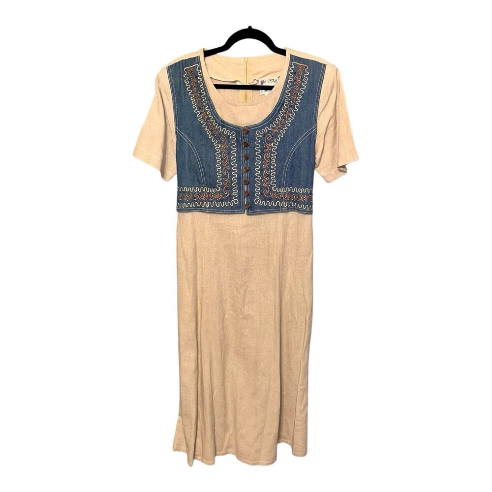 Vintage Monique Fashion Denim Vested Long Shirt Dress Womens Size 12 Cowgirl